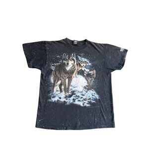 Vintage 3D Emblem Wolves T-Shirt Black L 100% Cotton Made In USA 22x25